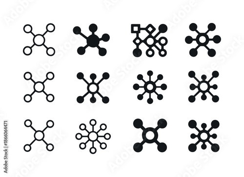 AI Business Icon Set. How AI transforms business. Icon set. Set Logo of how AI transforms business: neural network node cluster. harmonious logo variations of