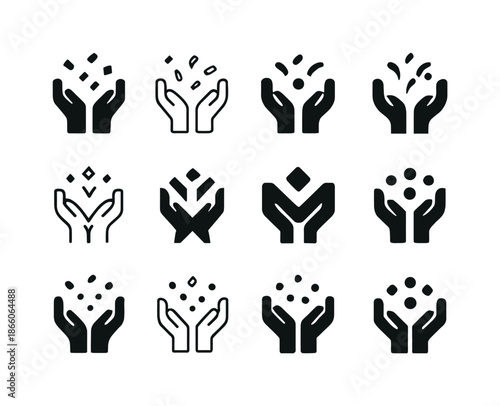 Success Celebration Icons. Celebrating Success. Icon set. Set Logo of Celebrating Success: raised hands throwing confetti. harmonious logo variations of the