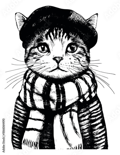 Hand drawn line art illustration of a cat wearing a beret and scarf for pet fashion or animal-themed designs
