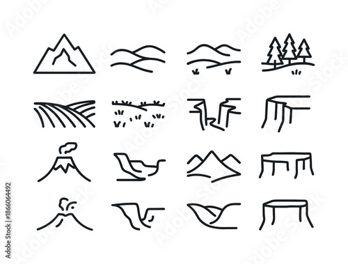 Land Icon Set. Land. Line icon set of Land: mountain peak, rolling hills, desert dunes, forest landscape, farmland rows, grassy meadow, canyon icon, cliff