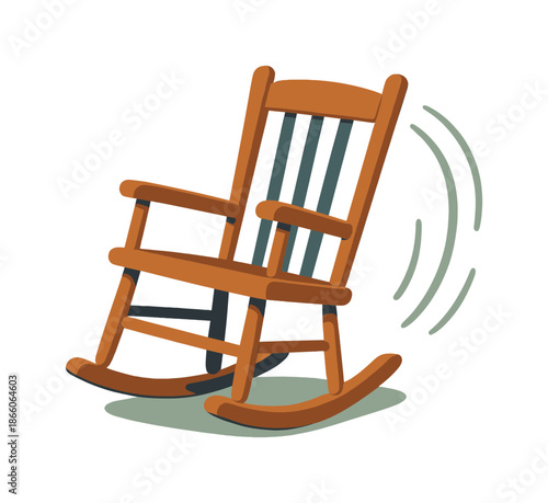 Rustic Rocking Chair. Rustic rocker. A wooden rocking chair tilts in mid-motion, arcs behind it showing a soft rocking rhythm. Warm accents add homely charm.