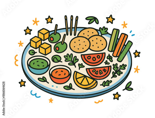 Colorful Appetizer Plate. Appetizer Plate. Colorful Hand-drawn doodle Children illustration small plate, cheese cubes, olives, crackers, tomato slices, herbs,