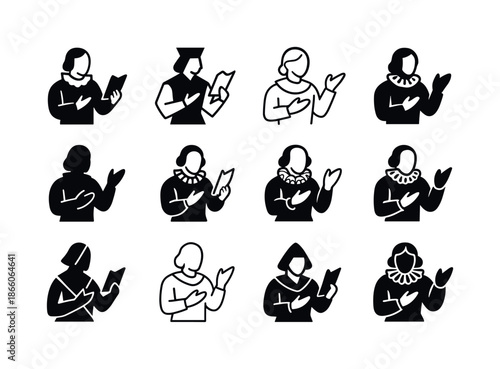 Shakespeare Actors Icons. Actors Rehearsing a Scene from a Shakespearean Play. Icon set. Set Logo of Actors Rehearsing a Scene from a Shakespearean Play: actor