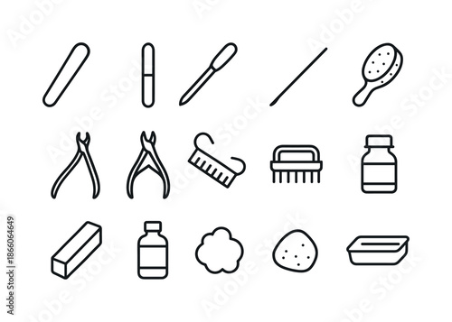 Nail Care Icons. Nail care tools. Line icon set of Nail care tools: nail file, glass file, metal file, wooden stick, cuticle trimmer, cuticle nipper, nail