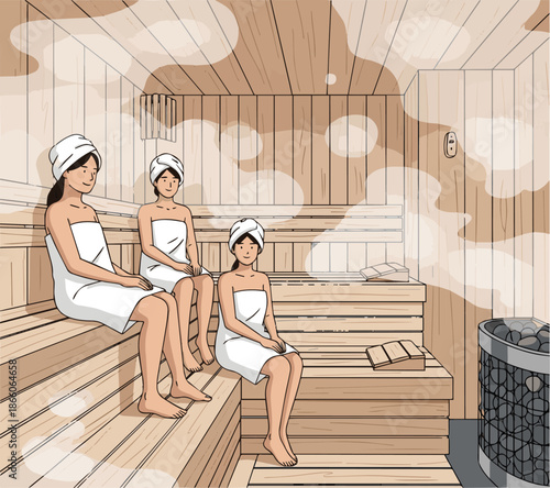 Create a realistic Three people in white spa towels sitting in a finnish sauna steam room and relaxing vector art with white background..