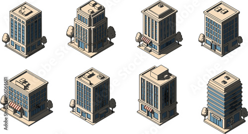 Isometric office building icon set, modern urban commercial architecture with detailed facades, corporate city blocks, colorful vector real estate illustration collection