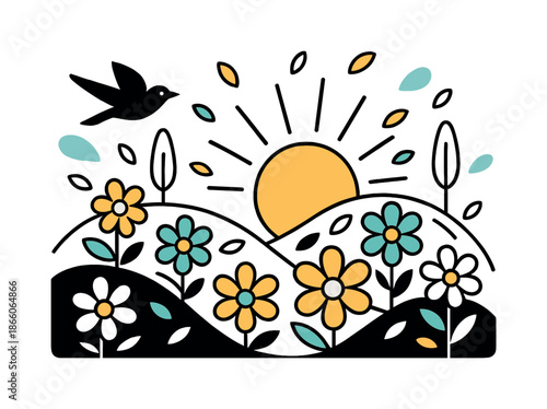 Spring Hill Blossoms. Spring Hill Awakening. Soft rolling hills burst with blooming flowers and floating petal shapes, as a warm sun rises behind. Minimal