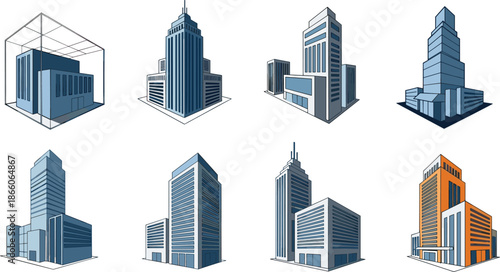 Isometric modern building icon set with skyscrapers and offices, vector urban architecture illustration for city planning, real estate projects, construction design, games, apps