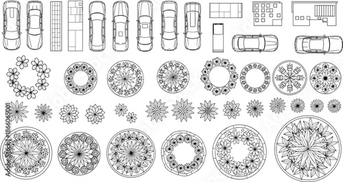 Landscape plan symbols set top view cars plants trees paving elements architectural site plan vector outline illustration garden urban exterior design collection