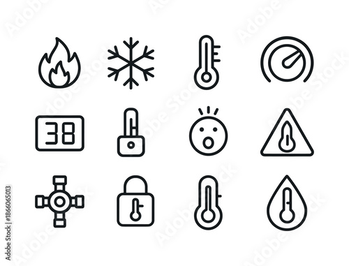 Shower Control Icons. Shower temperature control. Line icon set of shower temperature control: hot icon, cold icon, warm icon, temperature gauge, dial knob,
