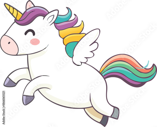 a charming cartoon unicorn with colorful mane and tail is happily leaping high quality