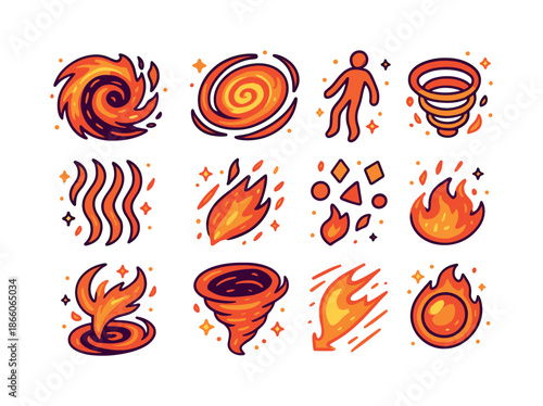 Isometric Fiery Vortex. Fiery whirlpool pulling figures in. Colorful isometric vector icons set of fiery whirlpool pulling figures in: swirling fire vortex,