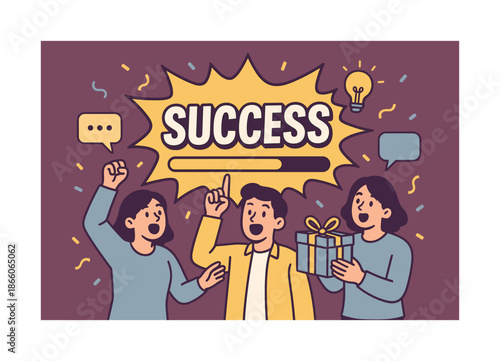 Celebratory Success Banner. Success bar filling banner, flat vector illustration, bold oversized text inside comic burst, cartoon characters shouting and