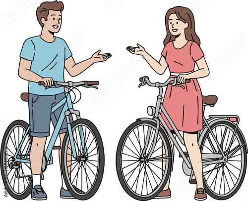  Create a realistic Two people with bicycles standing and talking, vector art with white background..