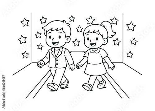 Red Carpet Coloring. Red carpet moment children?s coloring book illustration, outlined drawing, two friendly characters walking a simple carpet toward a