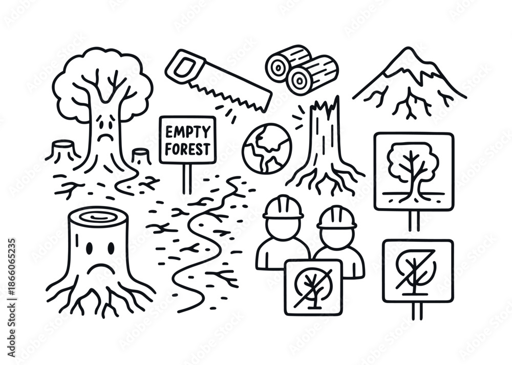 Obraz premium Environmental Destruction Doodles. Clearcut. Hand-drawn doodle illustration Clearcut environmental damage, sad tree face, empty forest sign, trail of