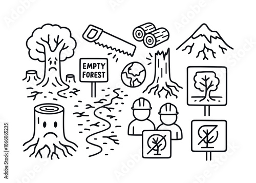 Environmental Destruction Doodles. Clearcut. Hand-drawn doodle illustration Clearcut environmental damage, sad tree face, empty forest sign, trail of