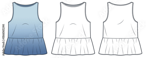 Boat Neck Top technical fashion illustration. Peplum T-Shirt fashion flat technical drawing template, sleeveless, loose fit, front and back view, white, women CAD mockup.