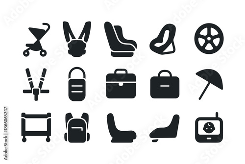 Baby Mobility Icons. Baby mobility. Solid icon set of Baby mobility: stroller, baby carrier, car seat, pram wheels, safety harness, footmuff, travel bag,
