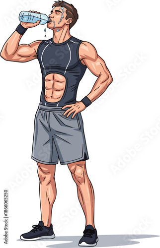 Create a realistic Very fit and sporty man standing and drinking water after workout vector art with white background..