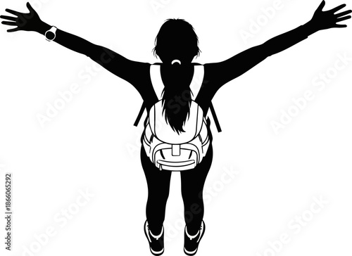 Create a Top view of a woman hiking and raising up her arms to celebrate reaching the top. Backlit cut out image vector art with white background..