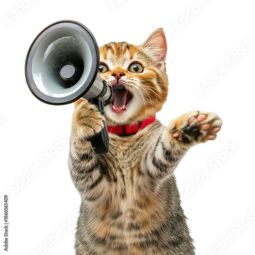 Wallpaper Mural A cat stands on its hind legs holding a megaphone and making a loud noise in a plain white background Torontodigital.ca