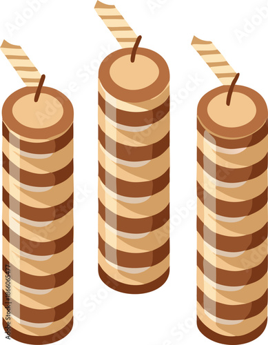 Three striped cylindrical candles with wicks are displayed on a plain white background