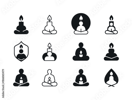 Solitude Symbol Logo Set. Embracing Solitude and Personal Time. Icon set. Set Logo of Embracing Solitude and Personal Time: candle flame symbolizing calm