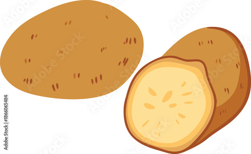 A vibrant illustration depicts two potatoes one whole and one sliced with detailed