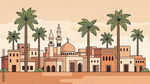 Traditional Middle Eastern cityscape with mosque and palm trees.
