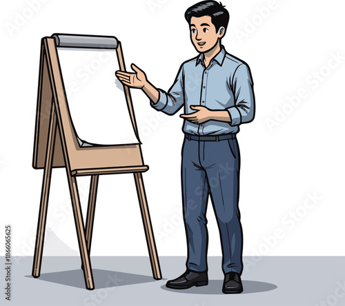 Create a Japanese man standing and making an office presentation or teaching and explaining something on a flip chart, vector art with white background.