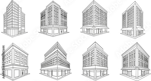 Modern corner building line art set with commercial and residential architecture, isometric perspective vector illustration for real estate, urban design, construction, planning, and development
