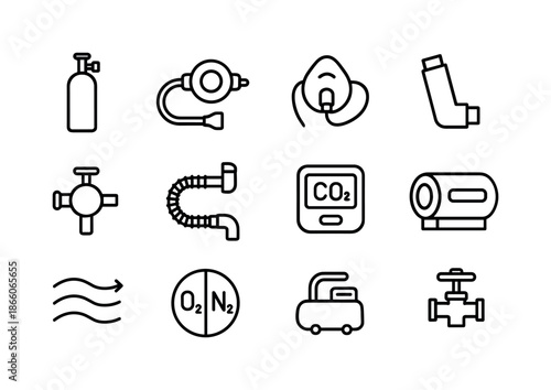 Gas Equipment Icons. Gases. Line icon set of Gases: breathing gas tank, scuba regulator, oxygen mask, inhaler spray, medical oxygen nozzle, ventilator tube,