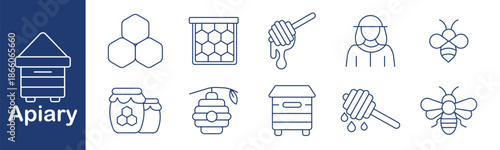 Apiary set icon. Bee, hive, honey, beekeeper, jar, honeycomb, dipper, swarm, wax, insect, nature, agriculture, pollination, sweetness, product.