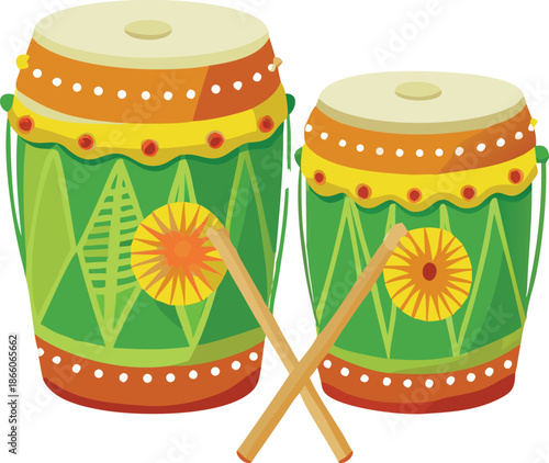 A vibrant depiction of two traditional bongo drums with crossed wooden sticks high quality