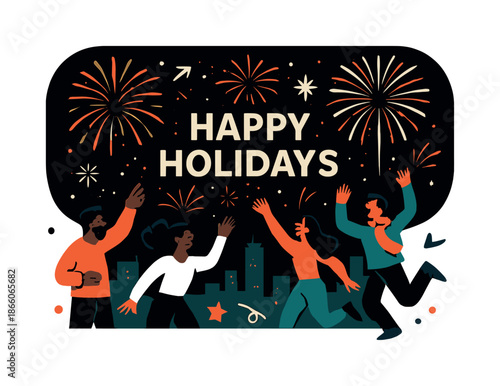 Holiday Fireworks Celebration. Holiday fireworks. A crowd watches as vibrant fireworks burst above a city skyline, lighting up the night with joy and color.