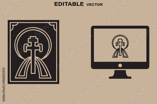 Editable vector icon of christian cross on computer screen