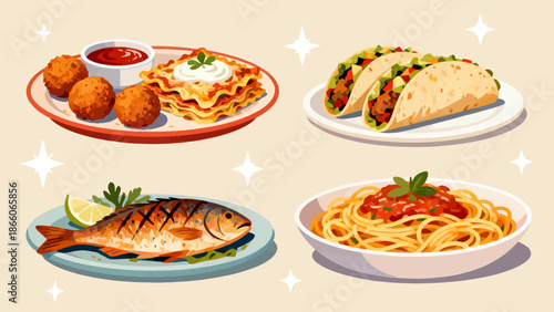 Four dishes of food on plates