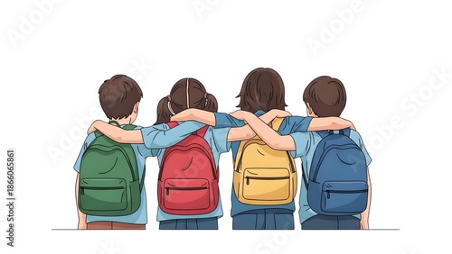 Four diverse young students with colorful backpacks standing together with their arms around each other, ready for school. on transparent background