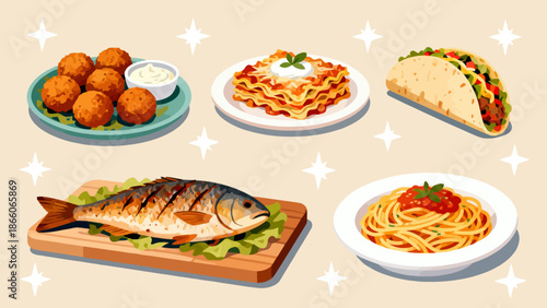 Illustration of various food dishes
