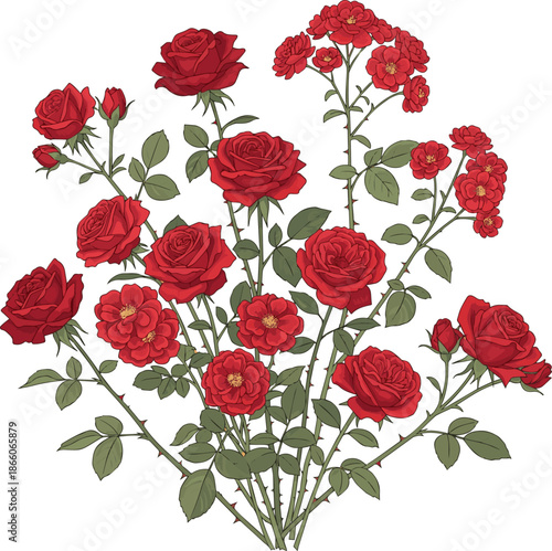 Create a kinds of deferent realistic Blooming rose bush with red blossoms, vector art with white background..