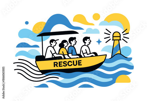 Rescue Boat Departure. Rescue Boat Departure. The boat moves away from shore with smooth trailing lines, passengers seated calmly under a minimal canopy.