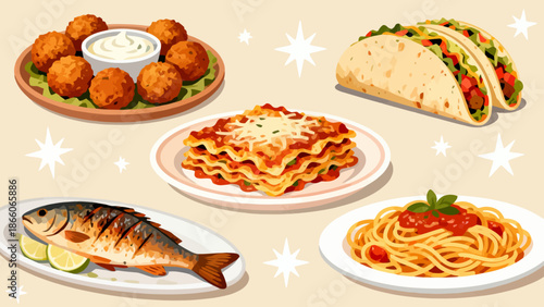 Assorted dishes including tacos pasta fish and meatballs