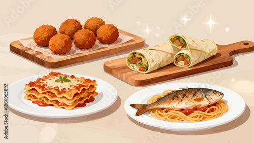 Assorted dishes on wooden boards