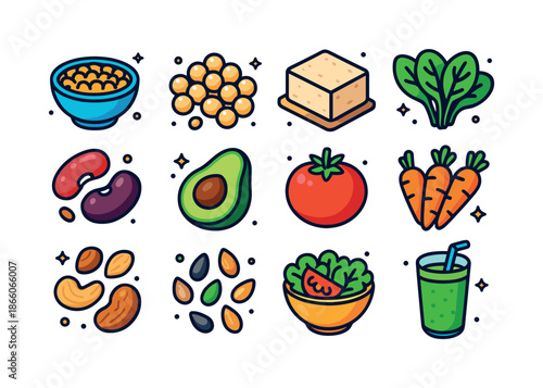 Plant-Based Diet Icons. Plant-based diet. Colorful isometric vector icons set of plant-based diet: lentils bowl, chickpeas, tofu block, spinach, beans,