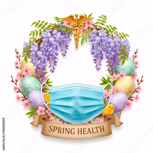 Enchanting Spring Health Wreath Vector with Blue Face Mask, Cascading Purple Wisteria, Pastel Easter Eggs, Chicks & Golden Caduceus Easter Banner