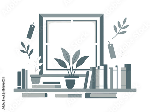 Bookshelf by the Window. Stacked window shelves. Books line the windowsill beneath a square modern window, plants and bookmarks floating in gentle balance.