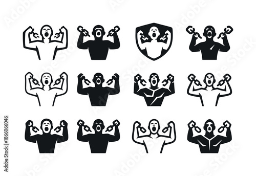 Breaking Chains Icon Set. Breaking chains in rage. Icon set. Set Logo of Breaking chains in rage: screaming figure. harmonious logo variations of the same