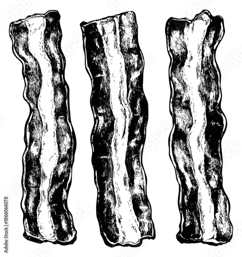 Hand drawn line art bacon set featuring three cooked slices for breakfast menus and food designs
