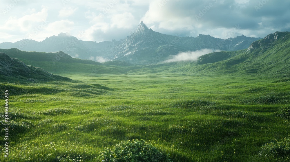 Obraz premium Serene mountain meadow landscape; sunrise mist; travel poster